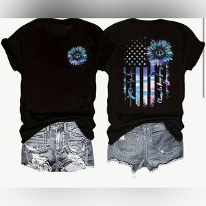 Black womens T-Shirt with Blue Floral Design